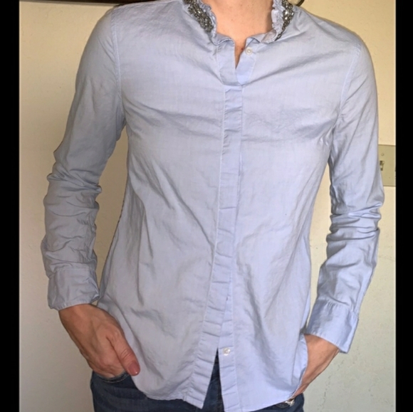 Elle Rinestone Neckline Career Blouse Blue Business Casual - Picture 8 of 9